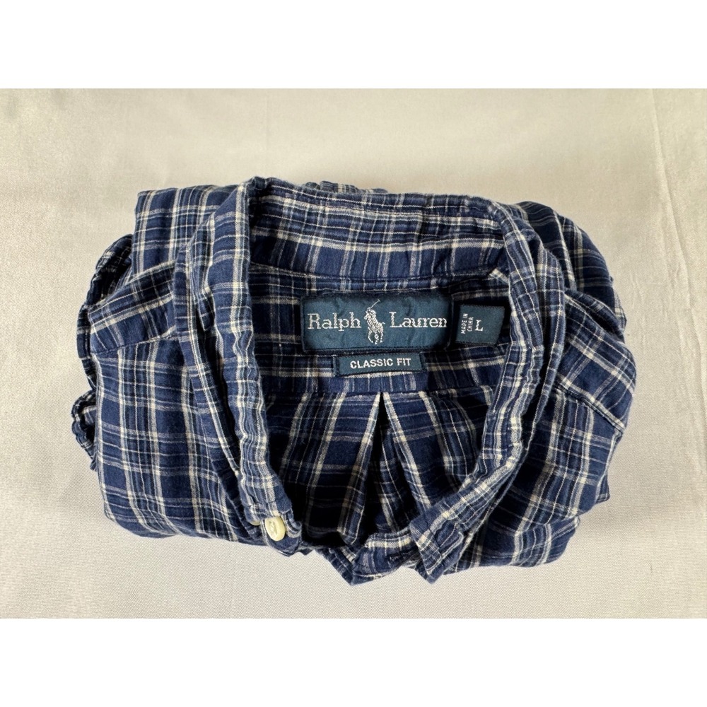 Ralph Lauren Classic Fit Plaid Button Down Shirt Navy Blue White Mens Large